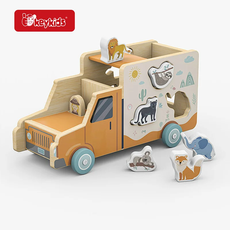 Wooden Animal Bus Toy with Built-In Shape Sorter - Interactive Learning Plaything for Toddlers' Cognitive W04A652